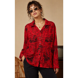 VTG Chico’s Design Red Asian Print Sheer Button Up Blouse Women Sz 1 Artsy Retro